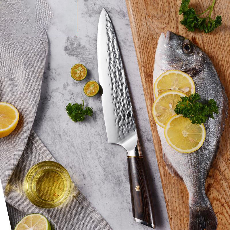 8-Inch Chef Knife Wooden Handle Hammered Stainless Steel Kitchen Knife